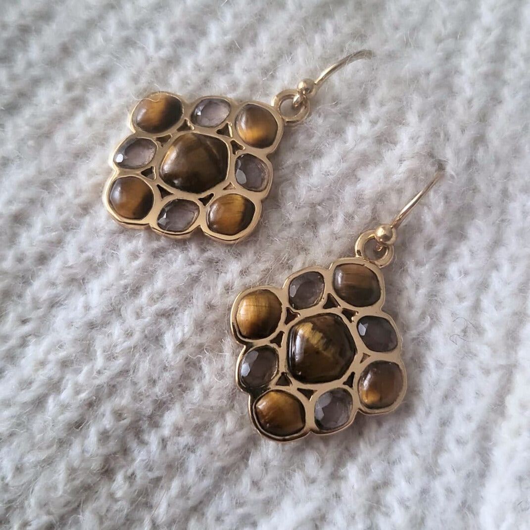 Barse Bronze Earrings Tiger Eye and Quartz