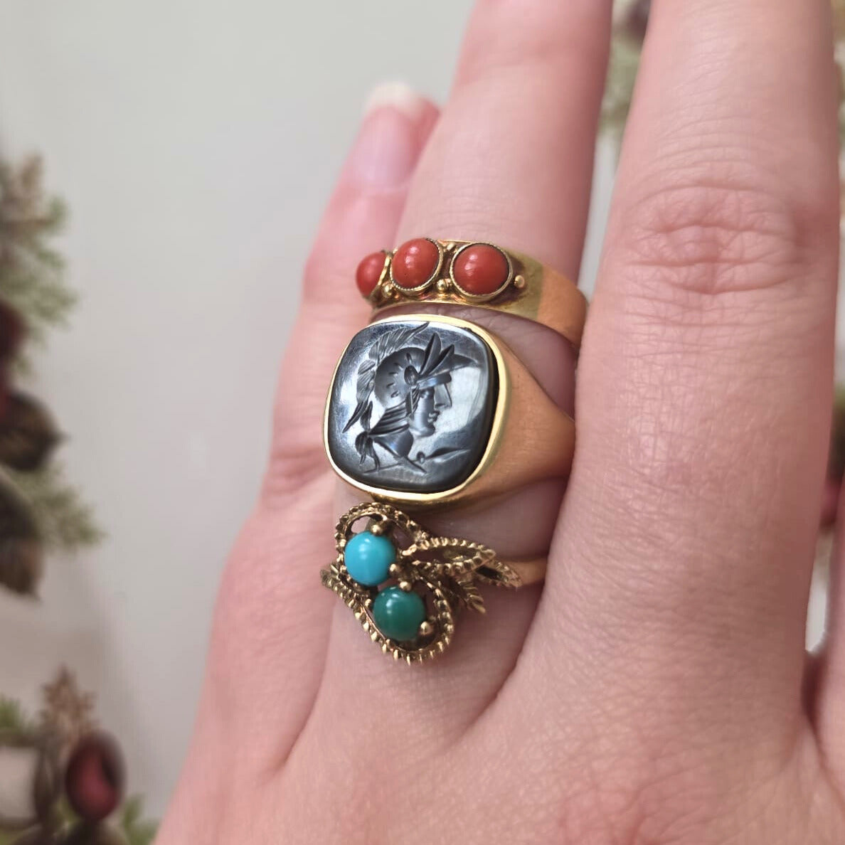 Vintage 14k gouden ring met bloedkoraal