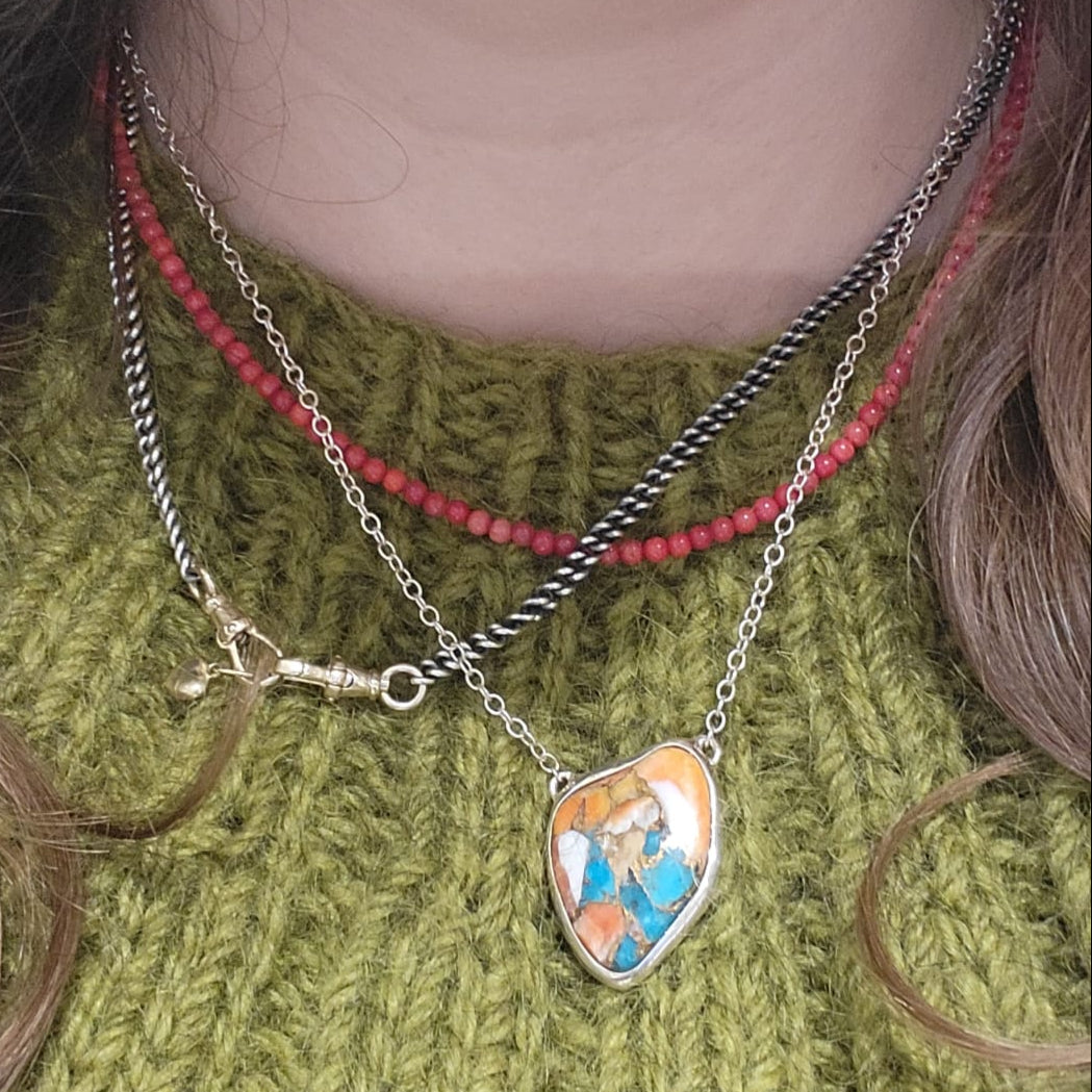 Bare Silver Necklace Calcite, Turquoise, Oyster Shell