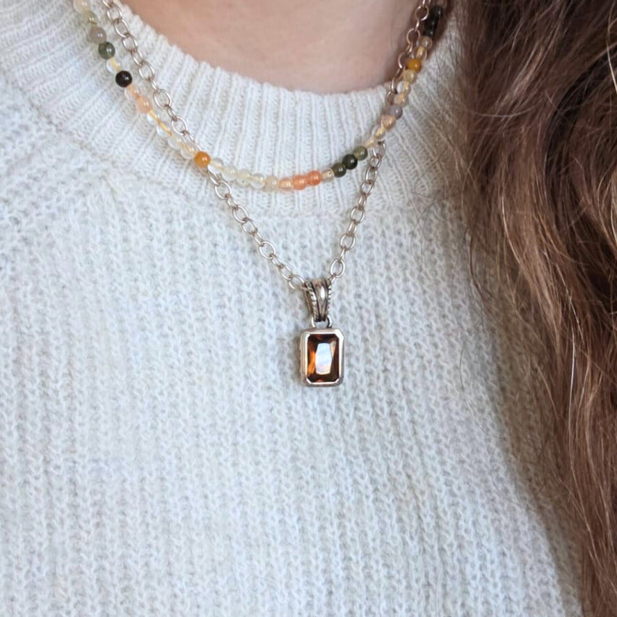 Barse Silver Necklace with Cognac Crystal Pendant