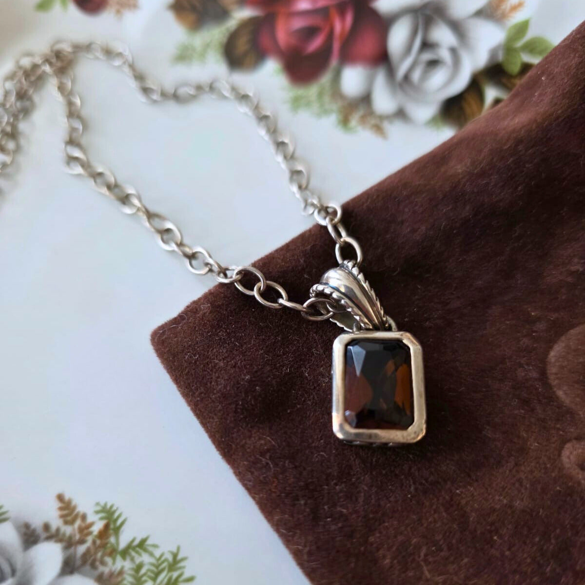 Barse Silver Necklace with Cognac Crystal Pendant