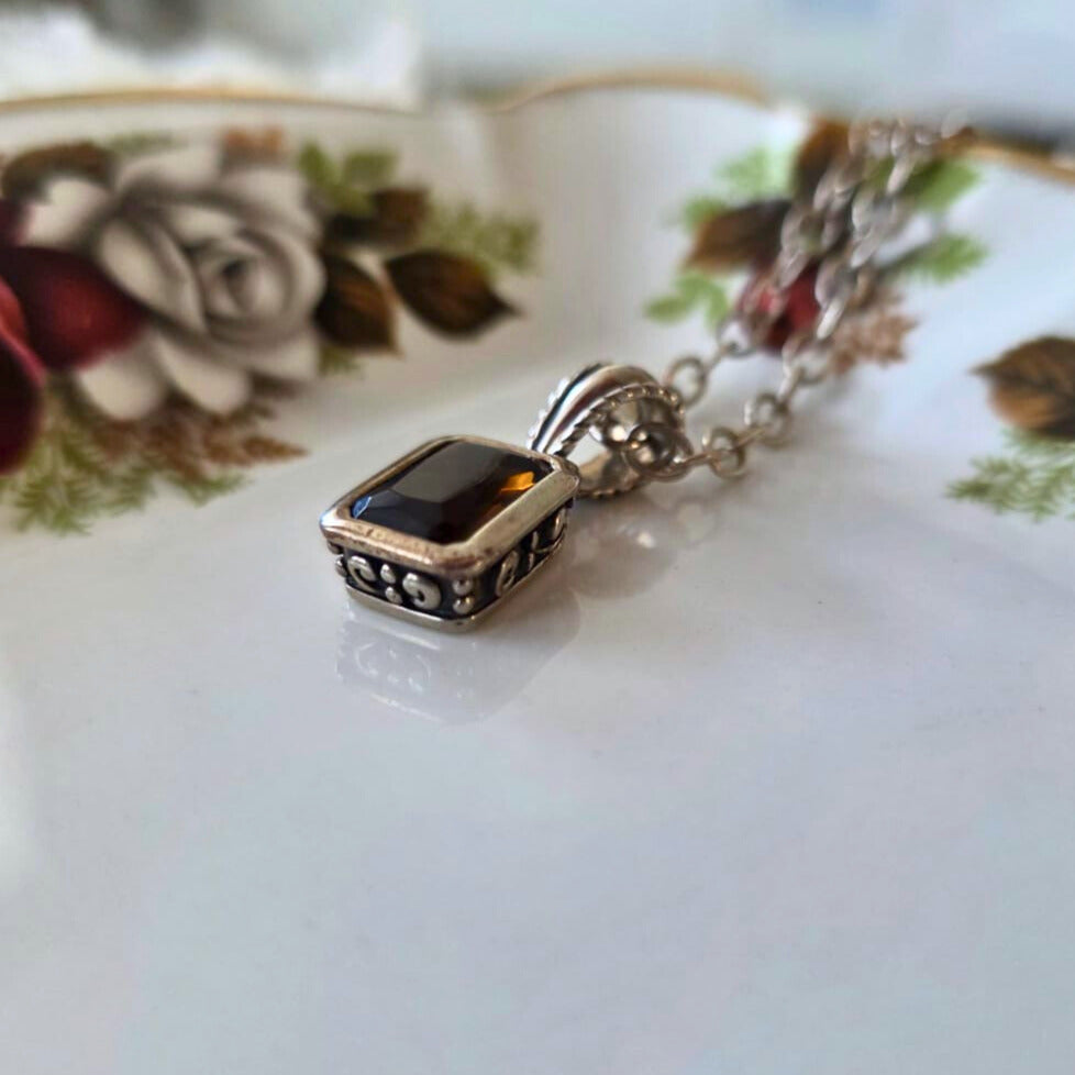Barse Silver Necklace with Cognac Crystal Pendant