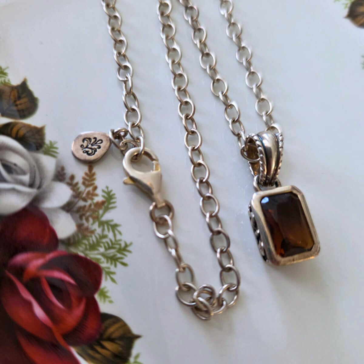 Barse Silver Necklace with Cognac Crystal Pendant