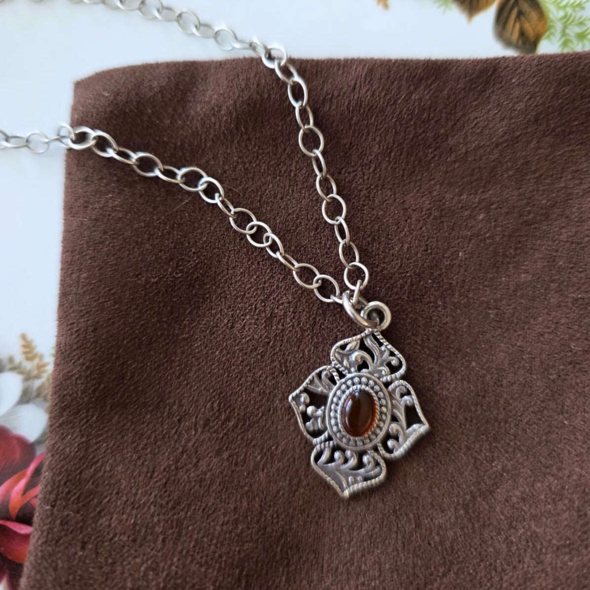 Barse Zilver Ketting met Oranje Cabochon Hanger