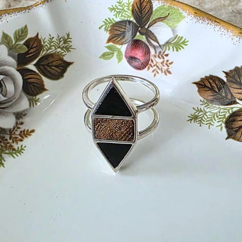 Barse Silver Wood and Onyx Ring