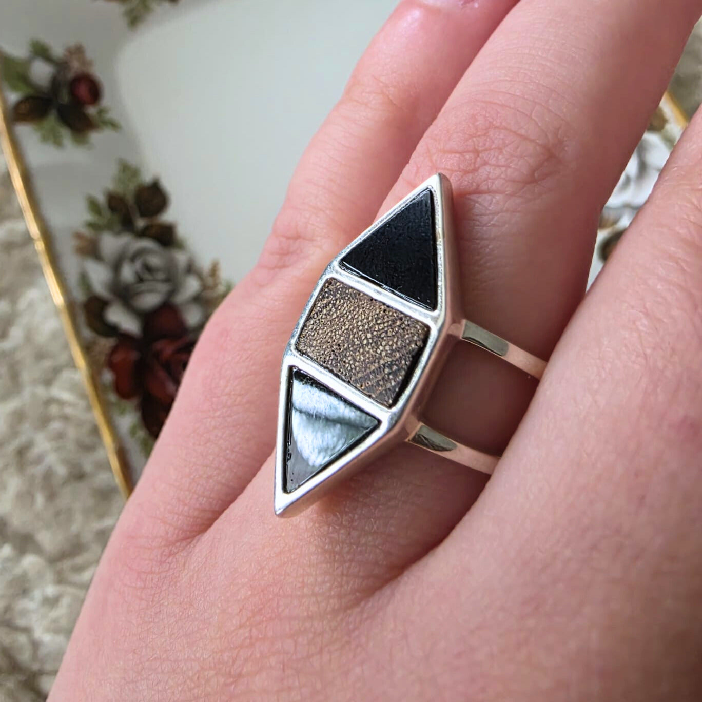 Barse Silver Wood and Onyx Ring