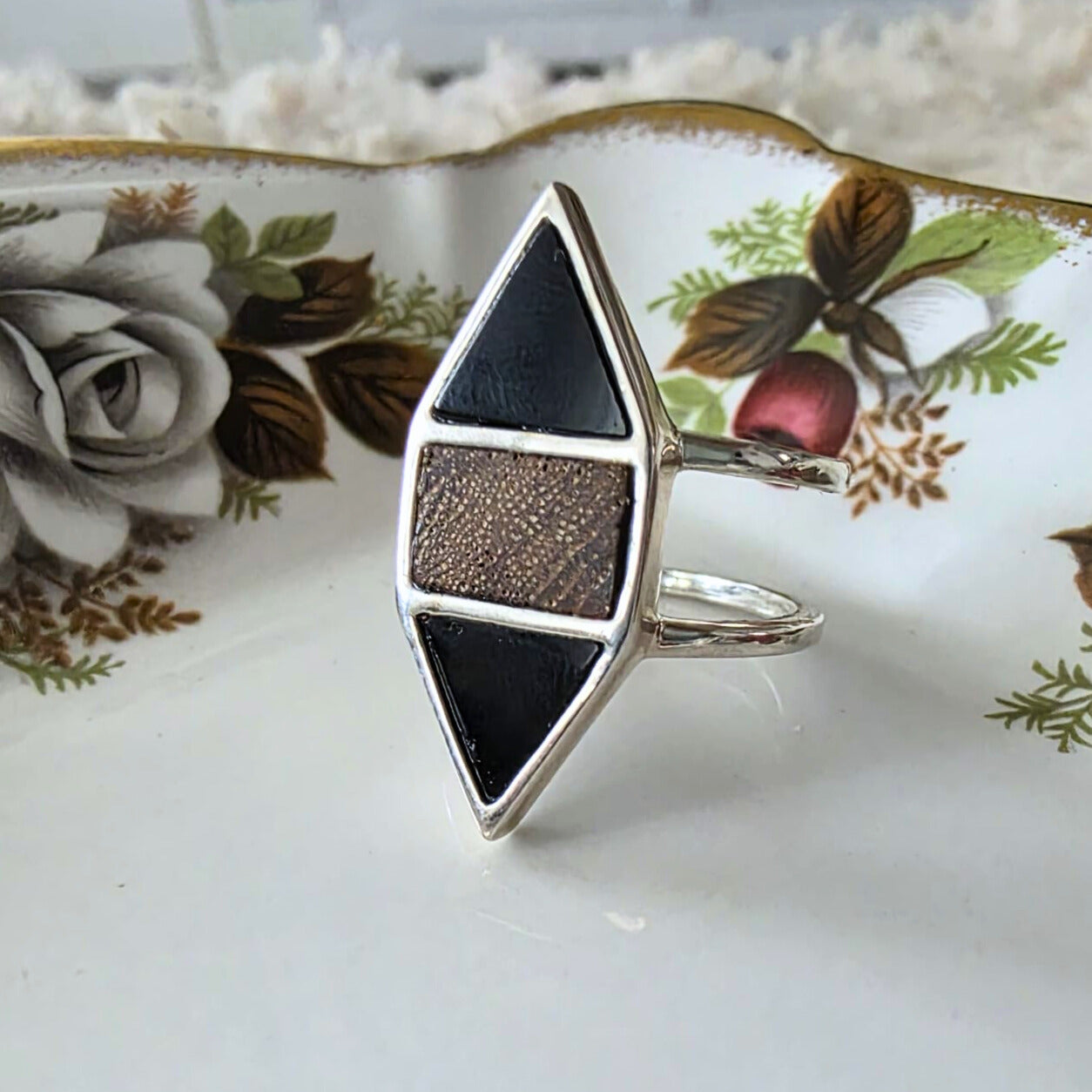 Barse Silver Wood and Onyx Ring