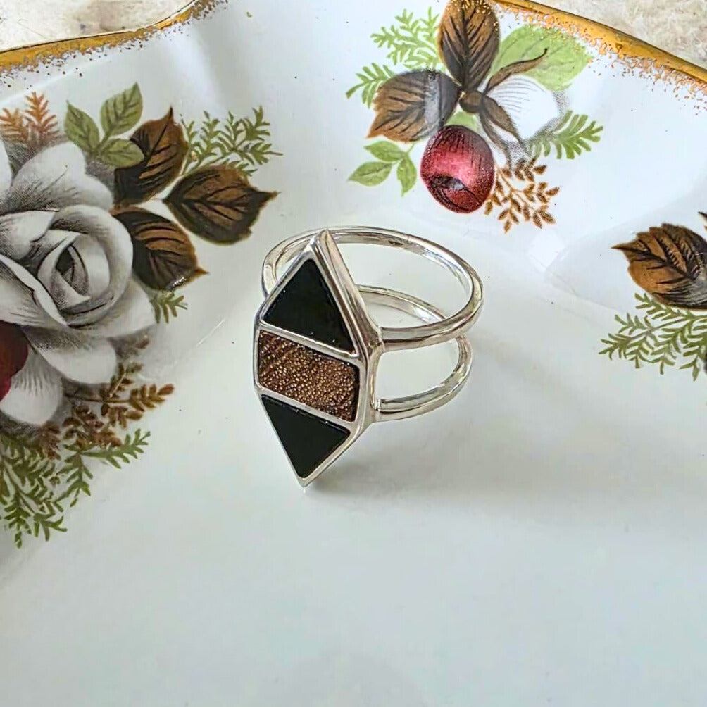 Barse Silver Wood and Onyx Ring