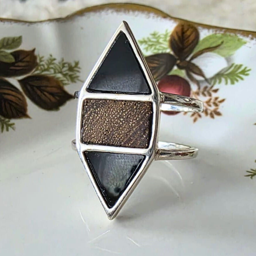 Barse Silver Wood and Onyx Ring