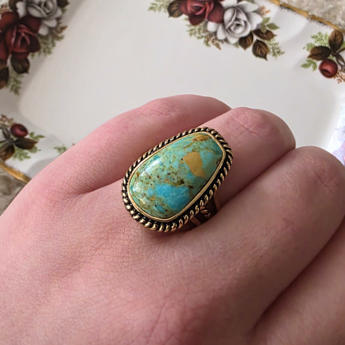 Barse Brons Roped Green Turquoise Ring