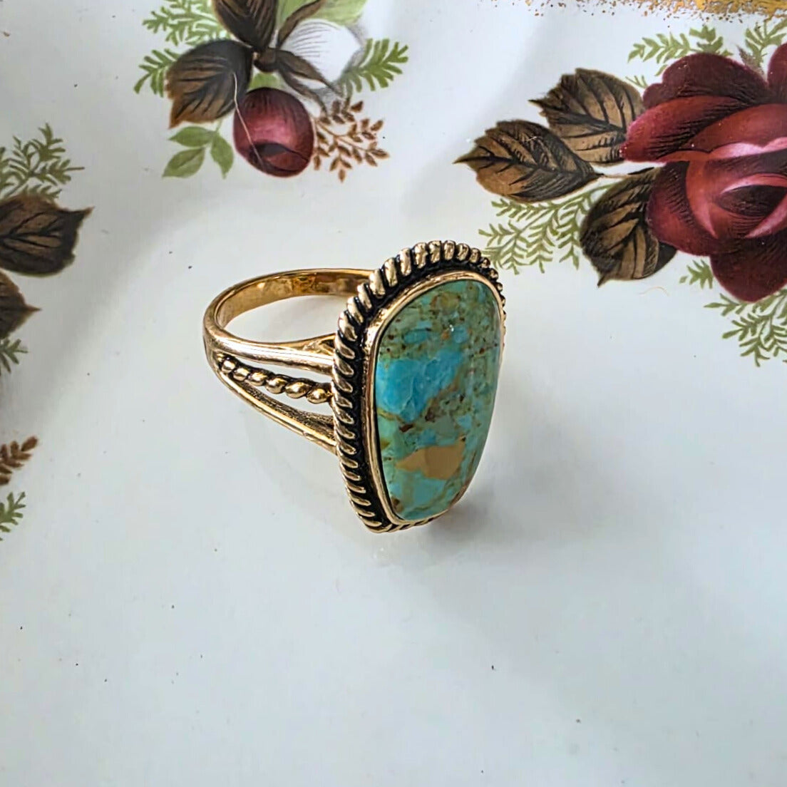 Barse Brons Roped Green Turquoise Ring
