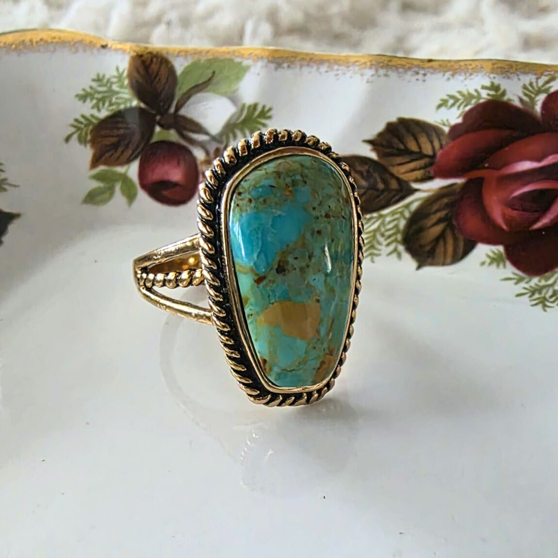 Barse Brons Roped Green Turquoise Ring