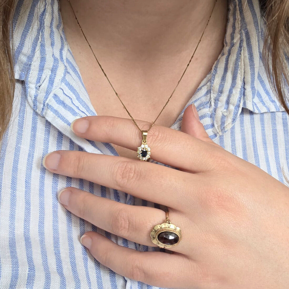 Vintage 14k gold pendant with sapphire and quartz