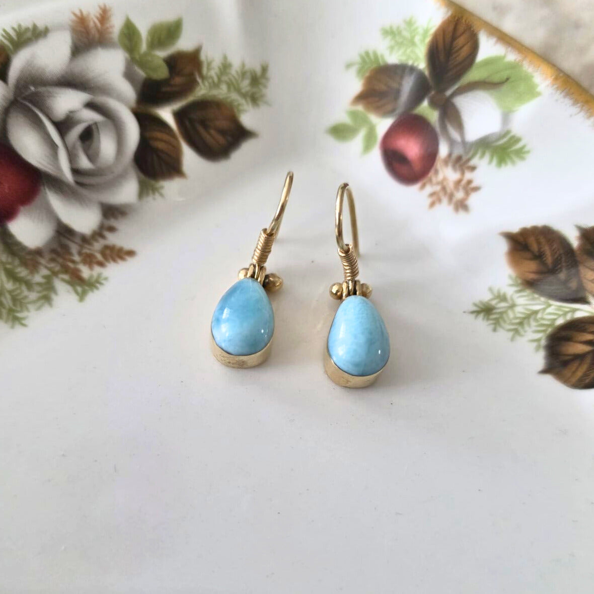 Vintage 14k gold larimar earrings