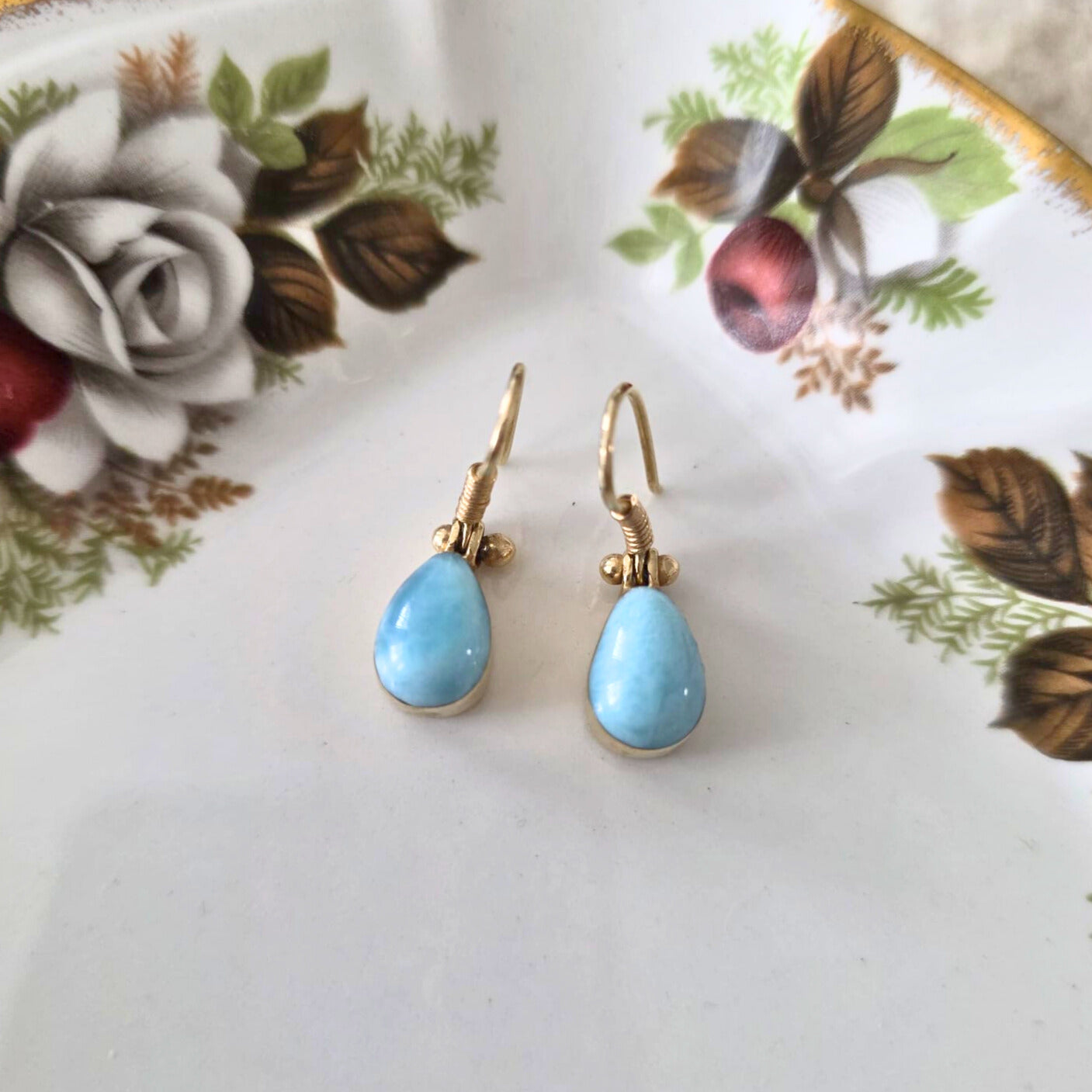 Vintage 14k gold larimar earrings