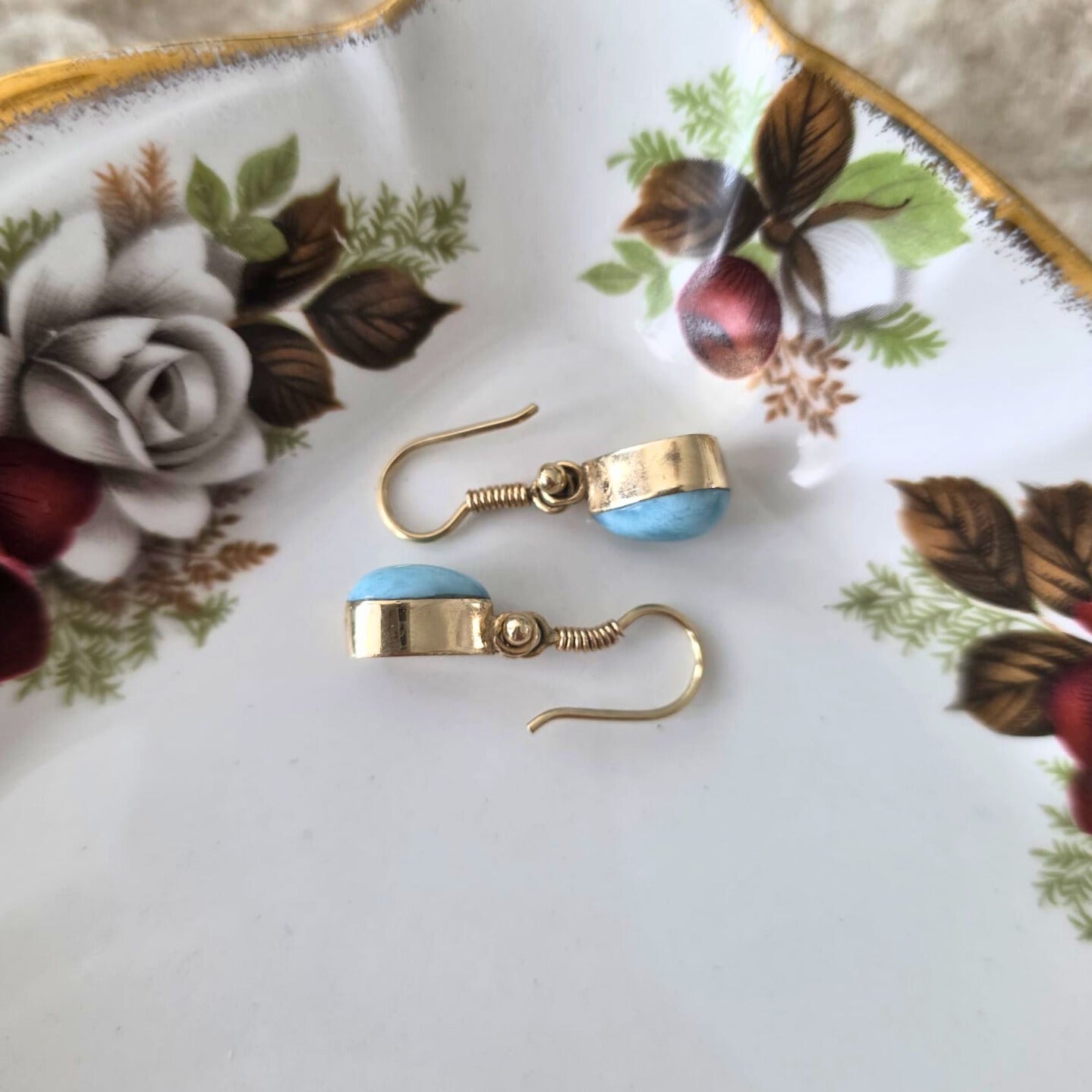 Vintage 14k gold larimar earrings