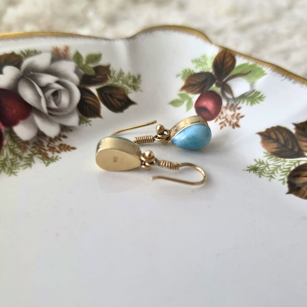 Vintage 14k gold larimar earrings