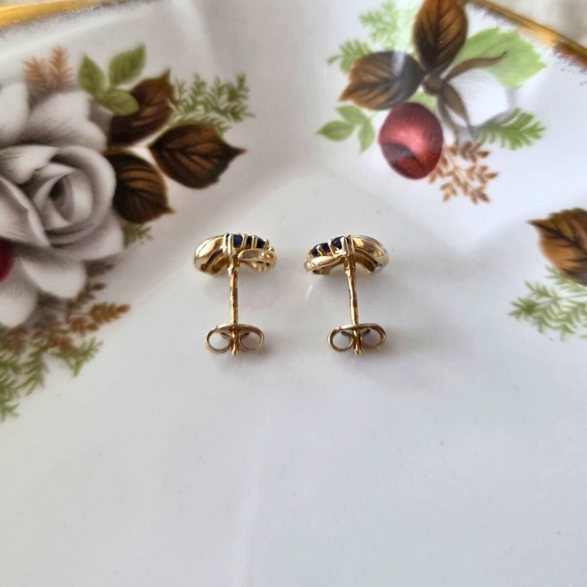 Vintage 14k gold stud earrings with sapphires and diamonds