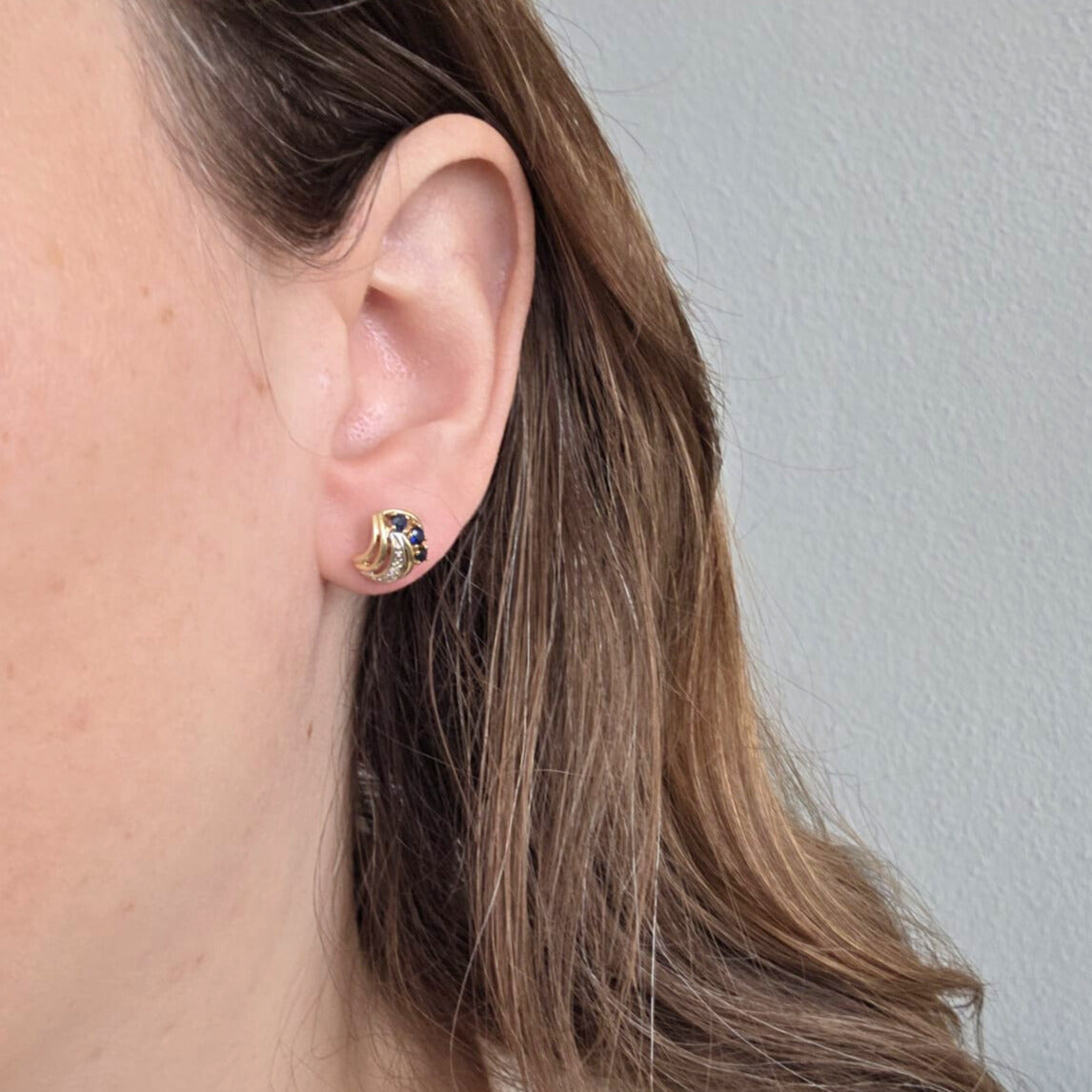 Vintage 14k gold stud earrings with sapphires and diamonds