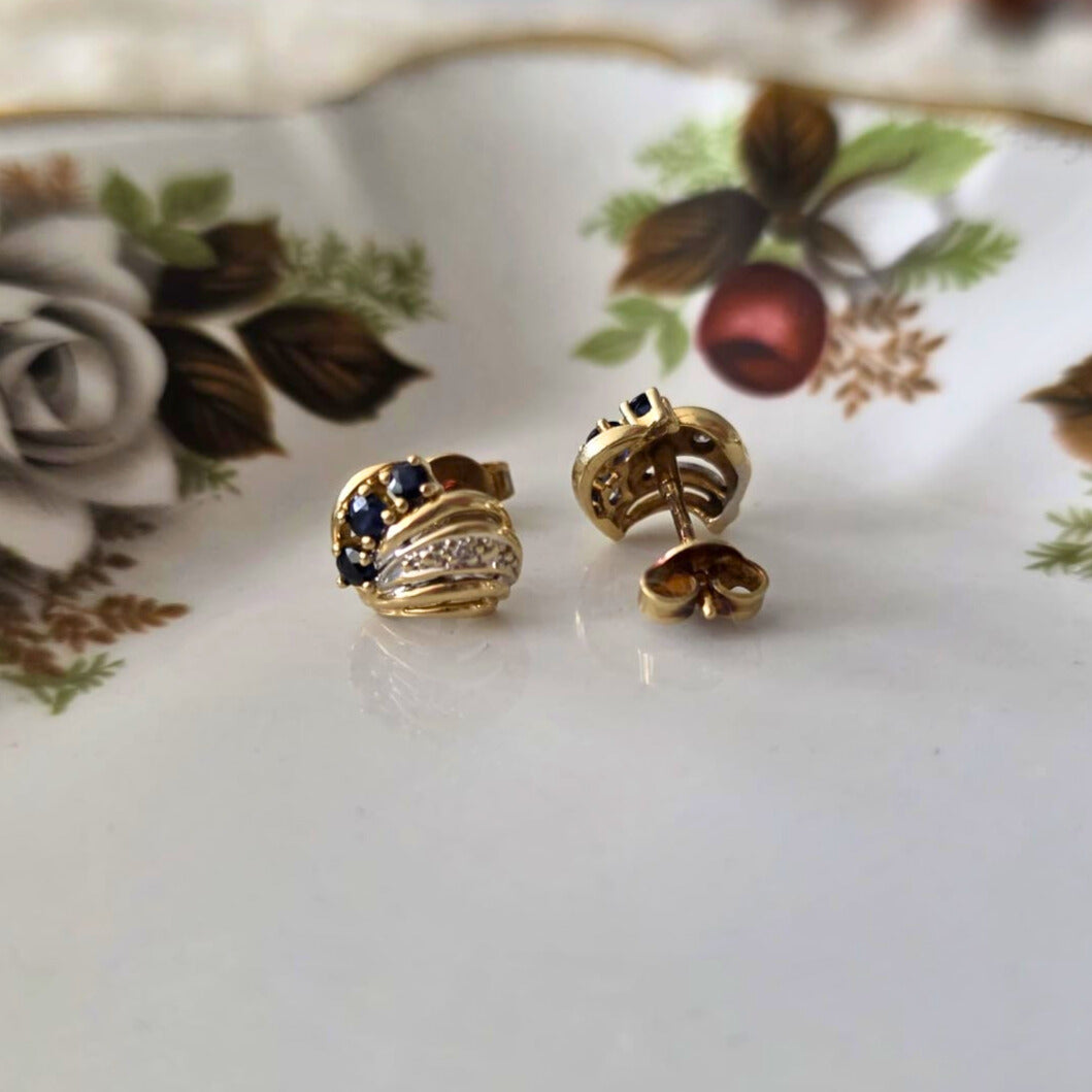 Vintage 14k gold stud earrings with sapphires and diamonds