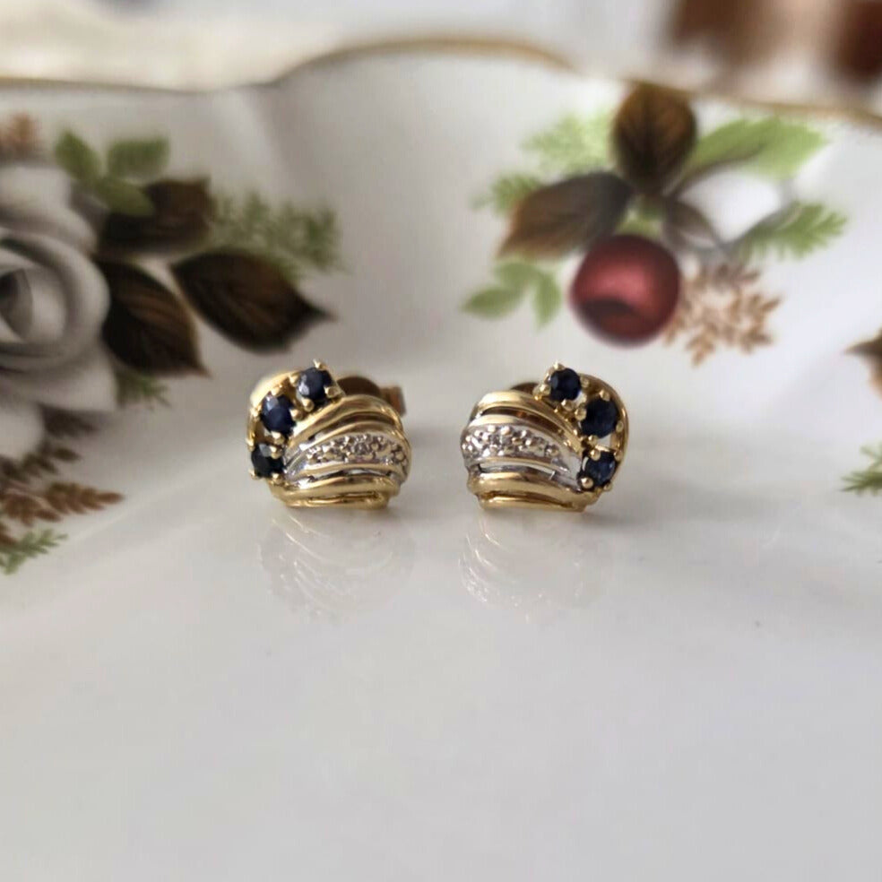 Vintage 14k gold stud earrings with sapphires and diamonds