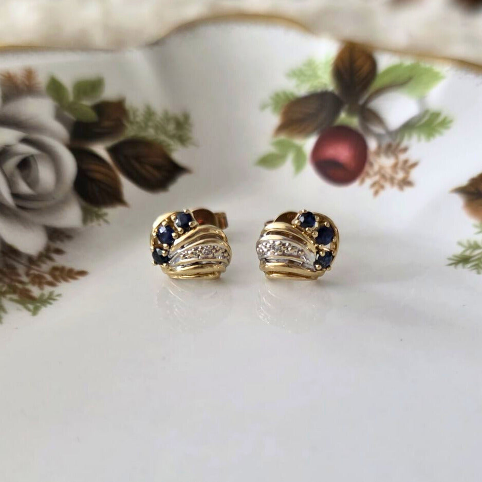 Vintage 14k gold stud earrings with sapphires and diamonds