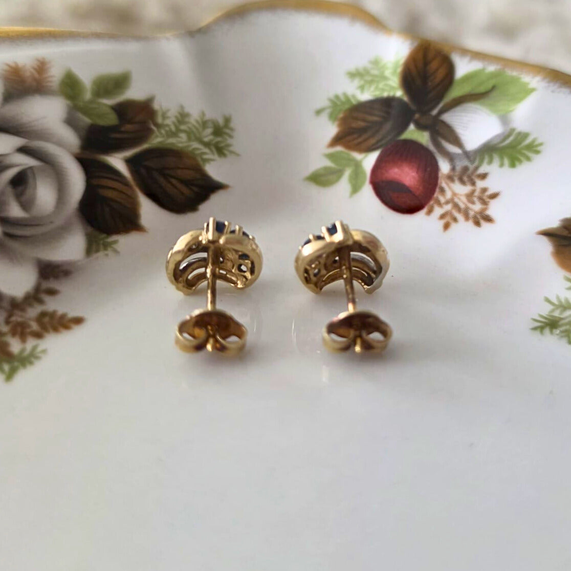 Vintage 14k gold stud earrings with sapphires and diamonds
