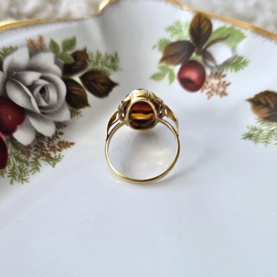 Vintage 14k gouden ring met streepagaat bloem