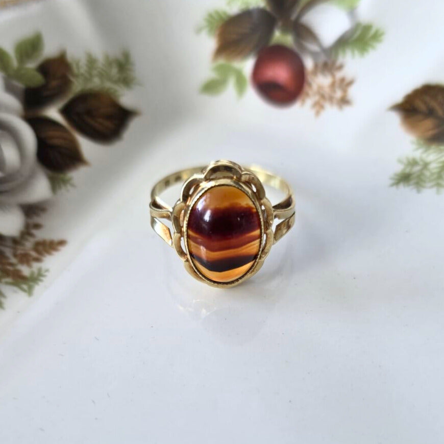 Vintage 14k gouden ring met streepagaat bloem