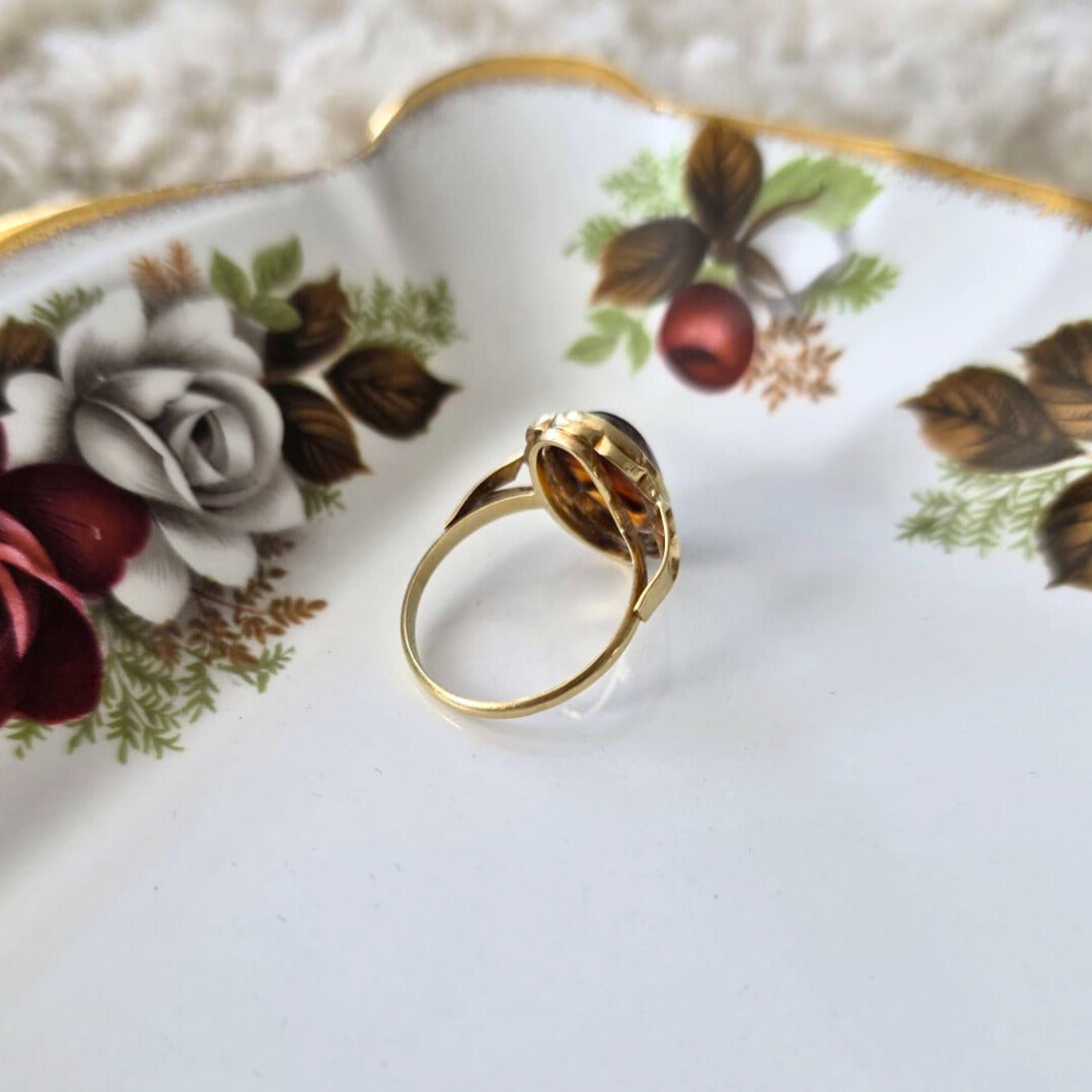 Vintage 14k gouden ring met streepagaat bloem