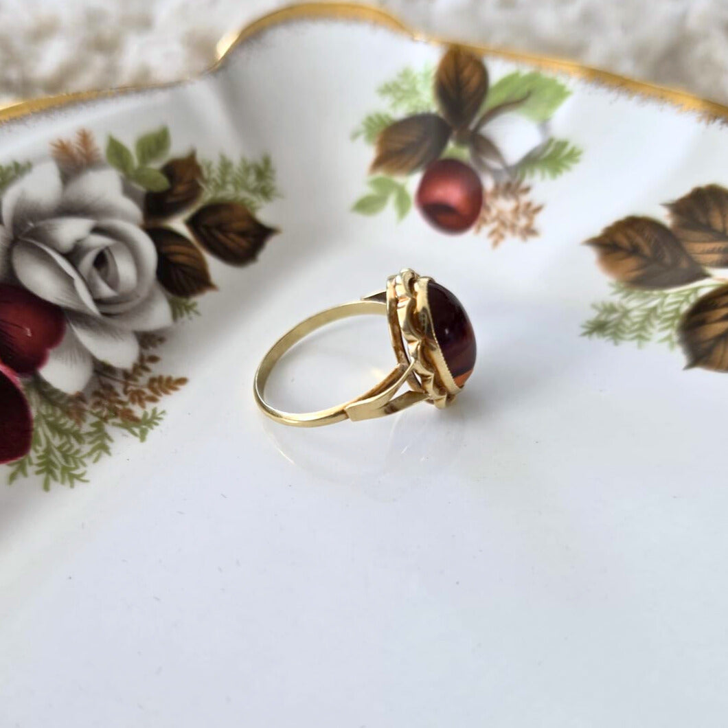 Vintage 14k gouden ring met streepagaat bloem