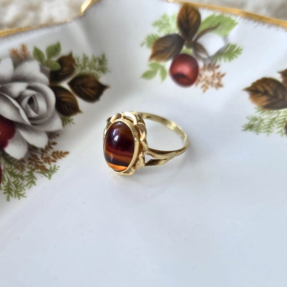 Vintage 14k gouden ring met streepagaat bloem