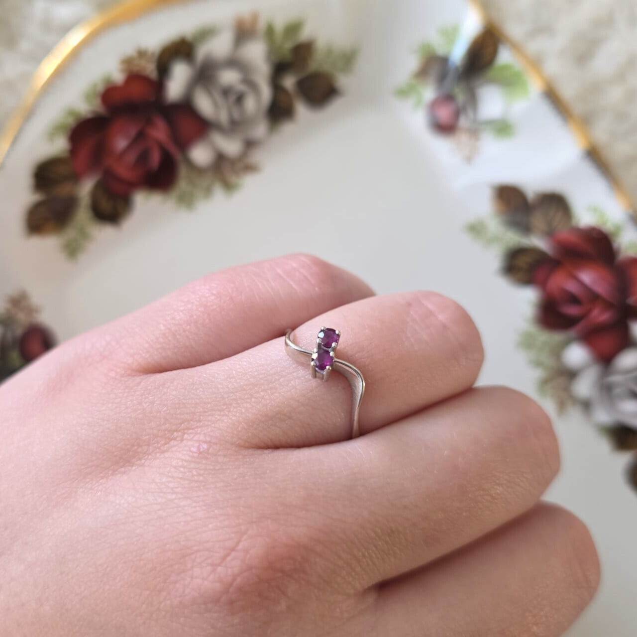 Vintage 14k wit gouden ring met granaat