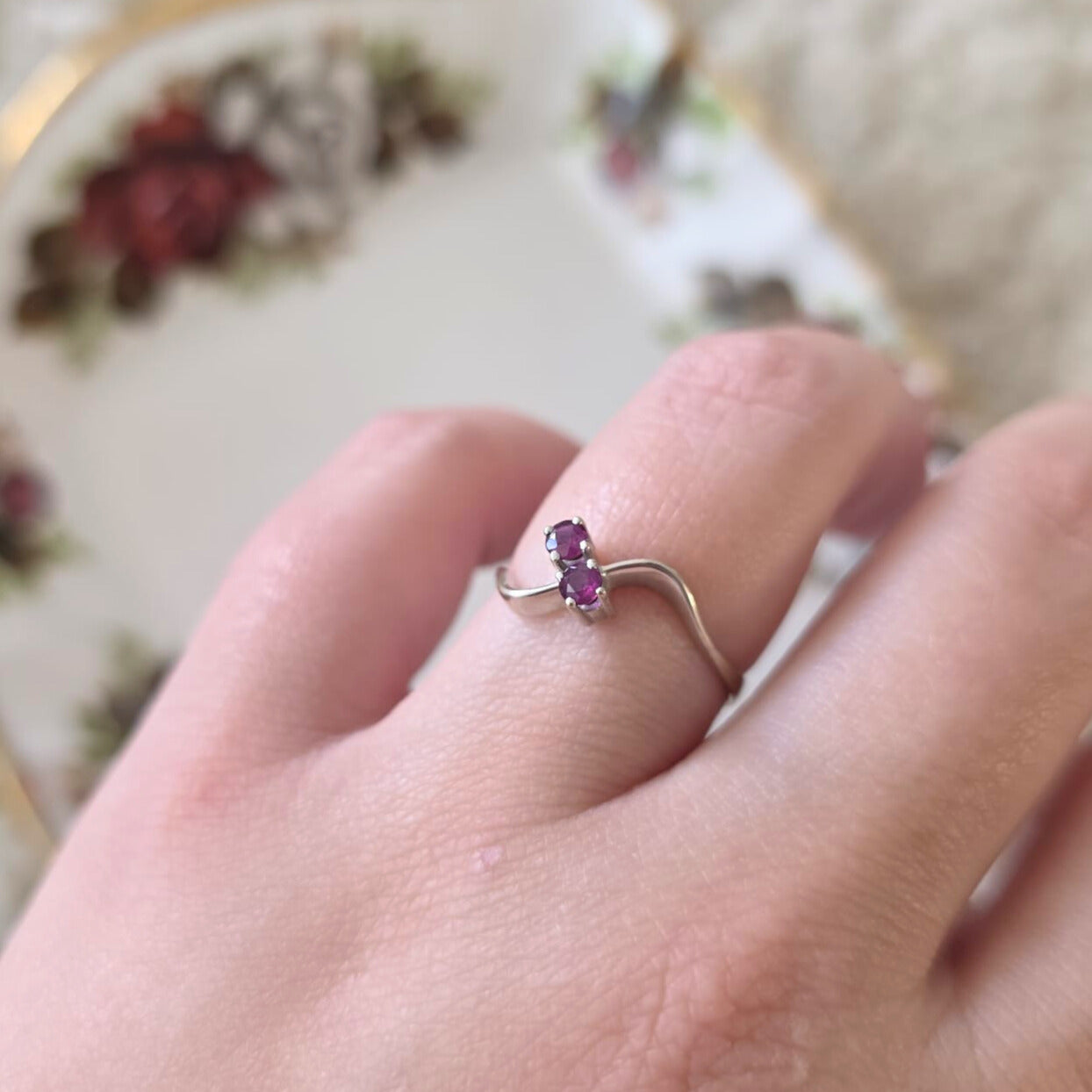 Vintage 14k wit gouden ring met granaat