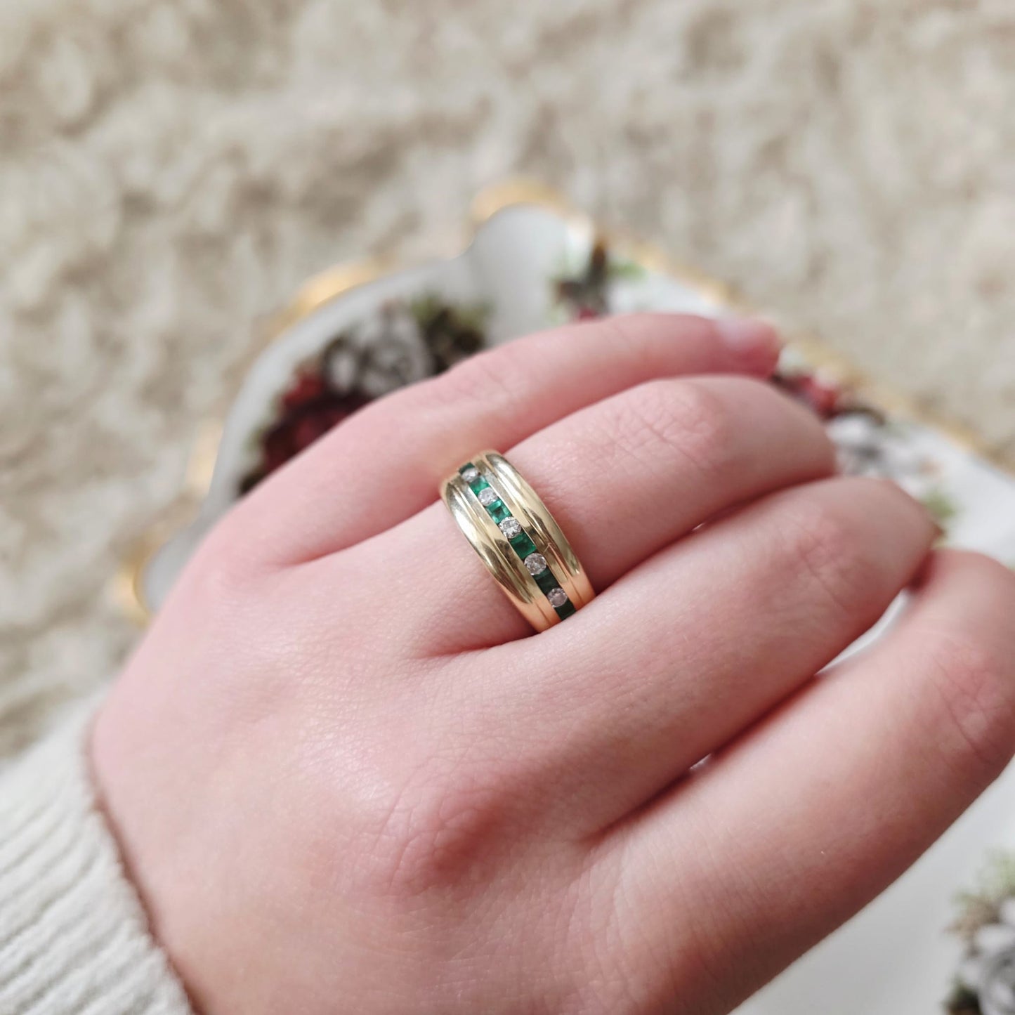 Vintage 14k gouden ring met smaragd en diamant