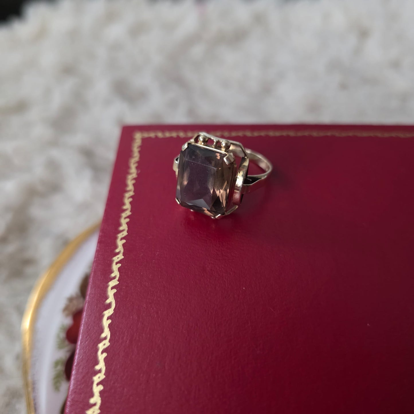 Vintage 14k gouden cocktail ring met rookkwarts