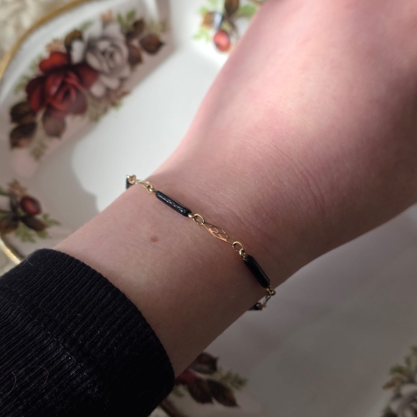 Antieke 14k gouden armband zwarte steen (git)