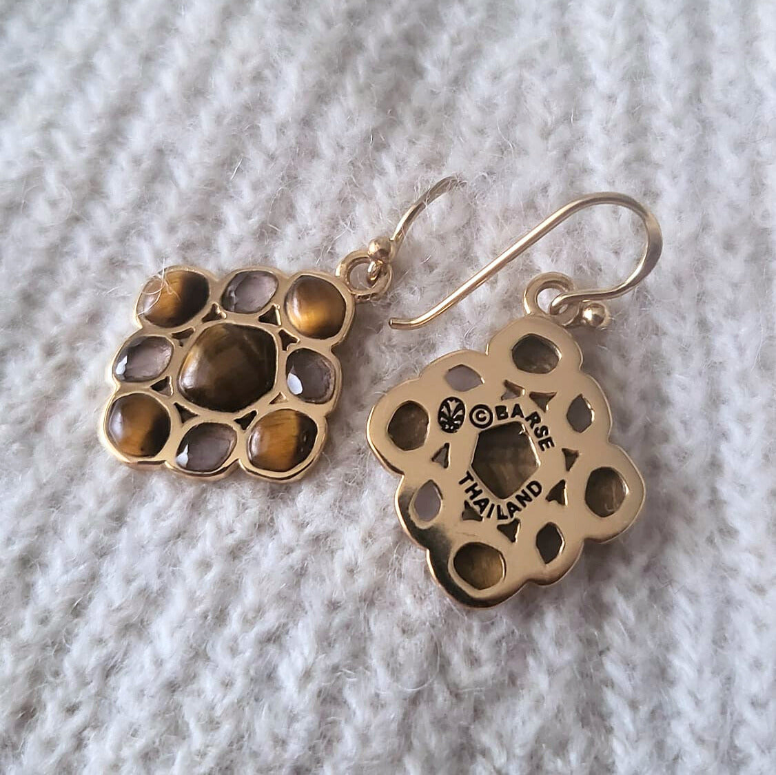Barse Bronze Earrings Tiger Eye and Quartz