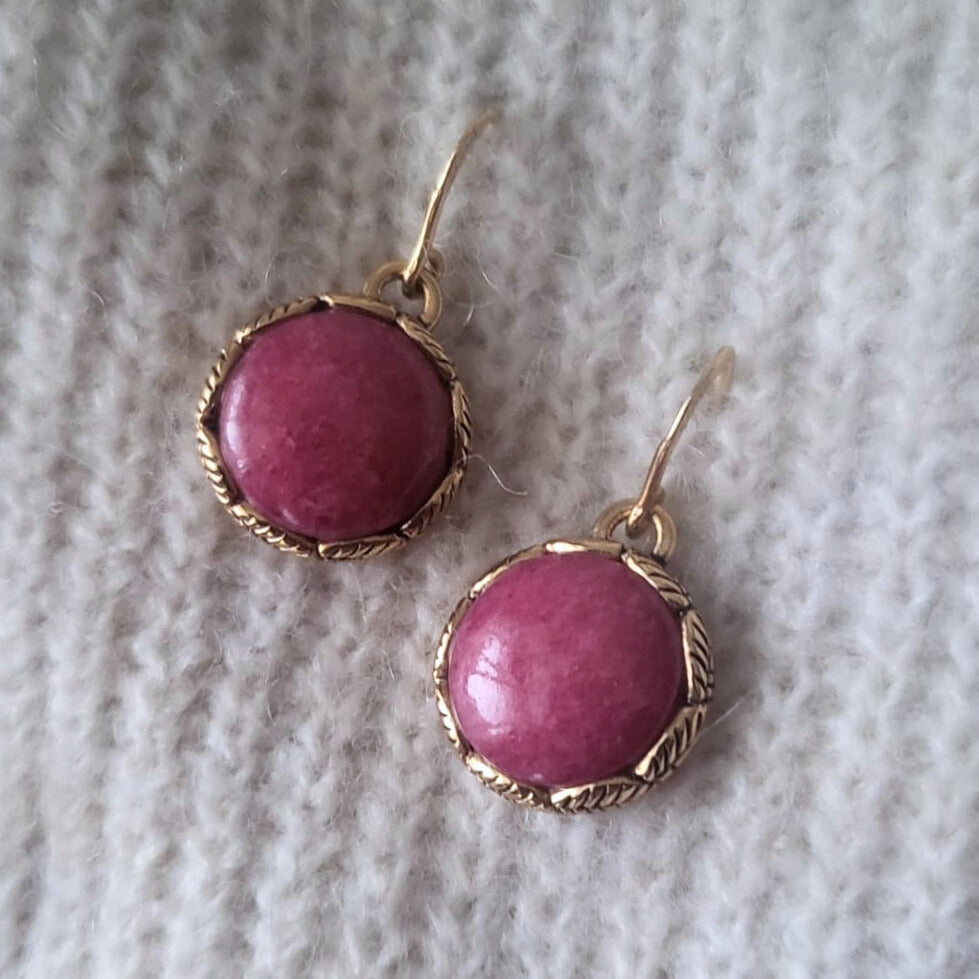 Barse Bronze Earrings Leaf Motif Pink Aventurien
