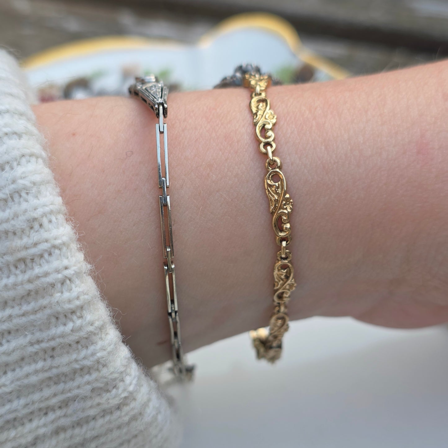 Antieke 14k wit gouden Art Deco diamanten armband