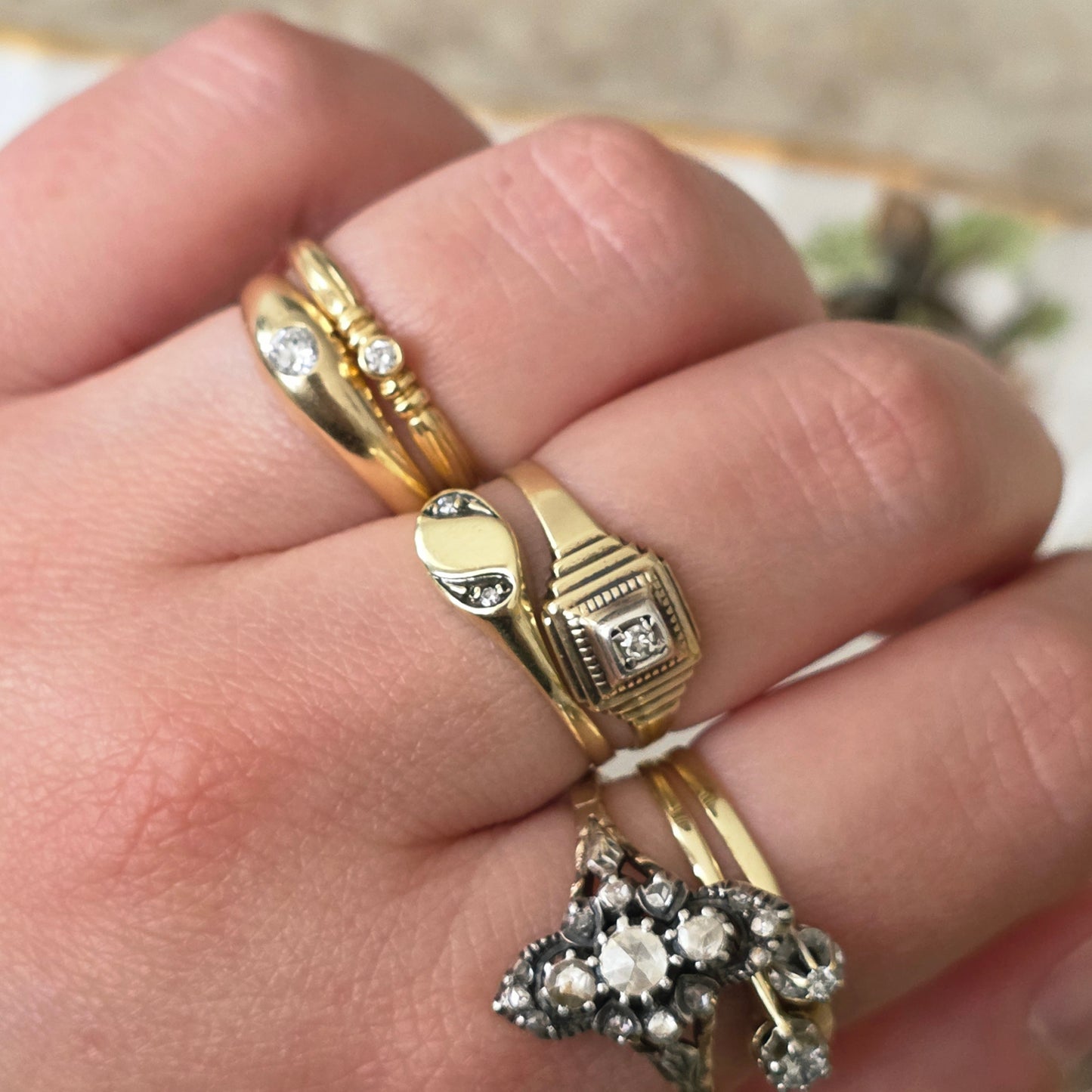 Vintage 14k gouden zegelring diamant