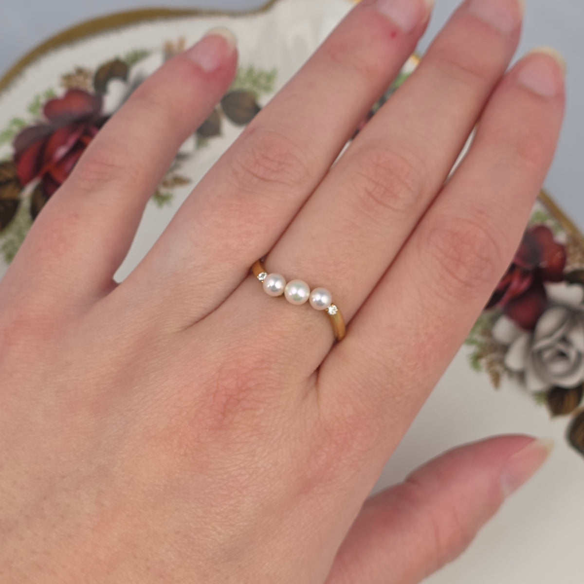Vintage 18k gouden ring met parels en diamanten