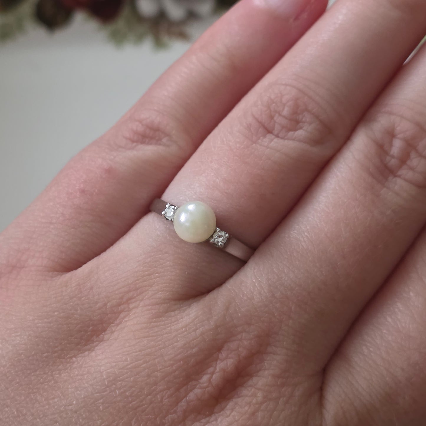 Vintage 14k witgouden ring met parel en diamanten