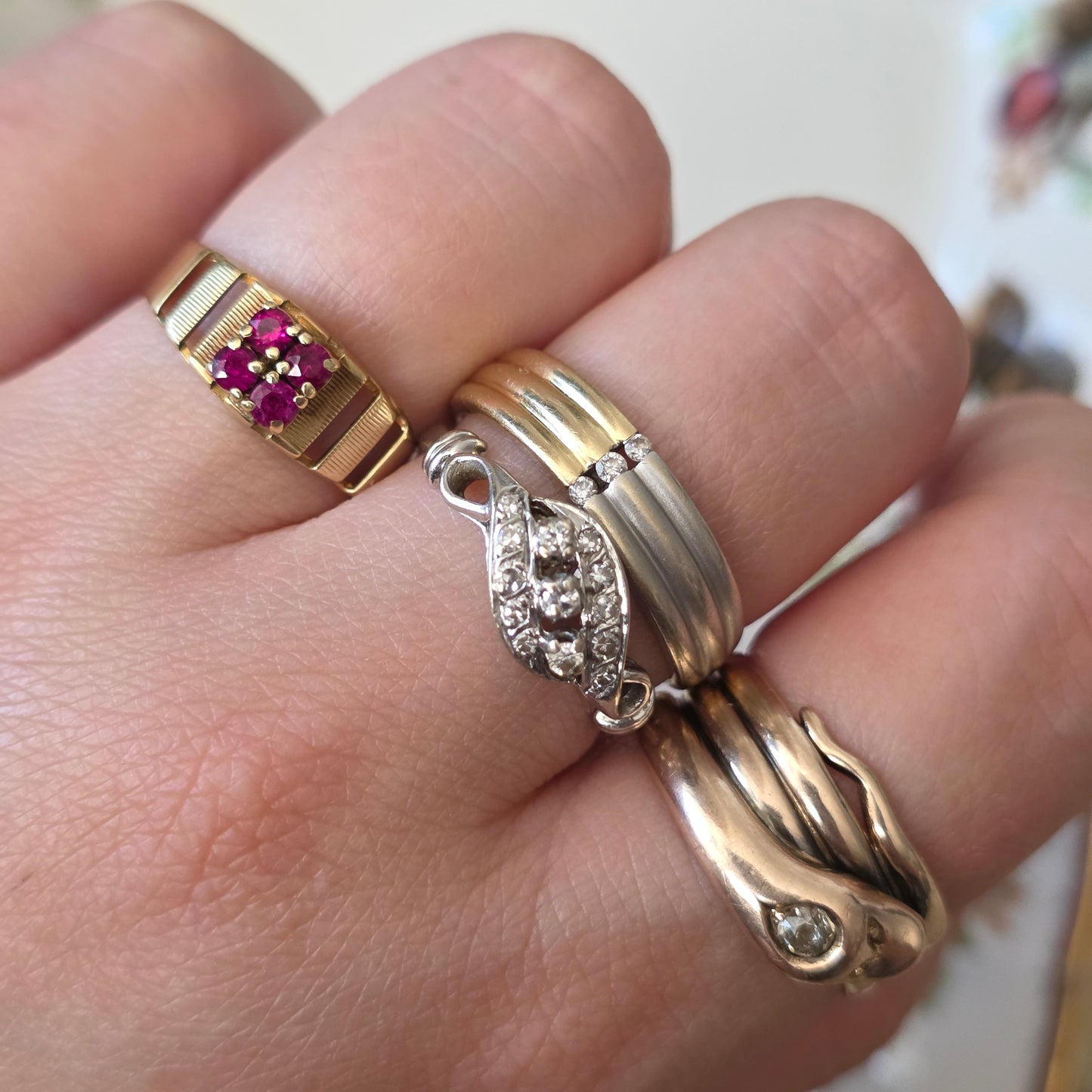 Antieke 14k gouden slang ring met oud Europees geslepen diamant