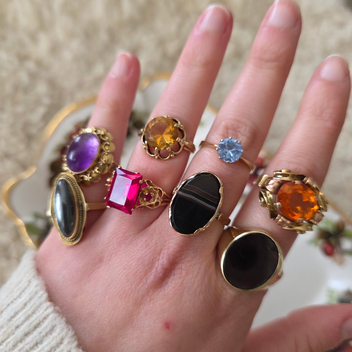 Vintage 14k gouden ring oranje saffier krullen