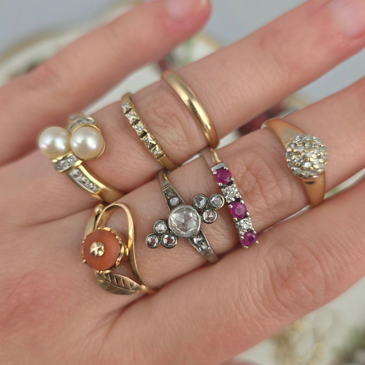 Antique 14k white gold ring with rose-cut diamonds