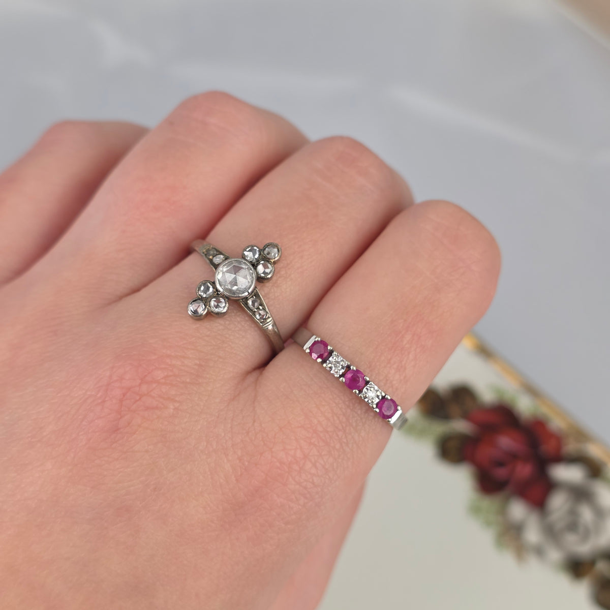 Antique 14k white gold ring with rose-cut diamonds
