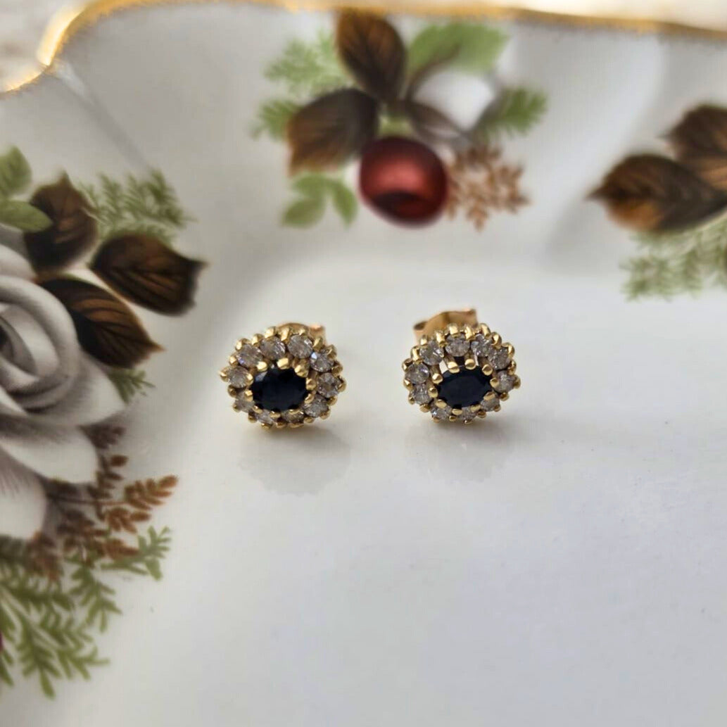 Vintage 14k gouden oorstekers lady diana saffier en zirkoon