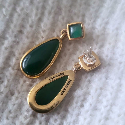 Barse Brons en Zilver Oorhangers Drup Groene Onyx