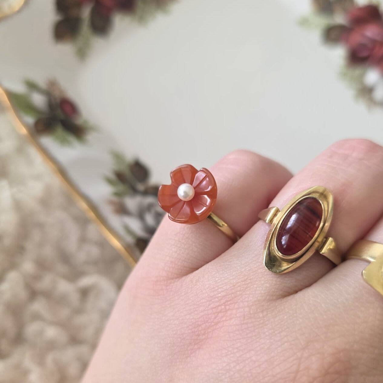 Vintage 14k gouden ring bloem carneool en parel